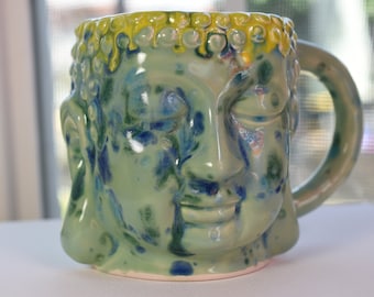 Buddha Head Mug, Ceramic Buddha Head Mug, Buddha Mug, Mug, Large, Multifaceted Aqua and Yellow Glaze