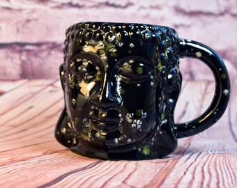 Buddha Head Mug #2, Ceramic Buddha Head Mug, Buddha Mug, Mug, Large, Multifaceted Black Glaze