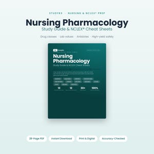Può includere: Una guida allo studio digitale verde scuro intitolata Nursing Pharmacology Study Guide & NCLEX Cheat Sheets. Il documento include sezioni su classi di farmaci, valori di laboratorio, antidoti e sicurezza, con 13 sezioni di riferimento, 12 panoramiche sulle classi di farmaci, oltre 30 ceppi di farmaci e contenuti 100% digitali e stampabili.