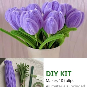May include: A DIY kit for making 10 tulips, featuring a bouquet of finished light purple pipe cleaner tulips with green stems in a white pot, alongside bundles of purple and green pipe cleaners, floral wire, tape, and wire cutters.