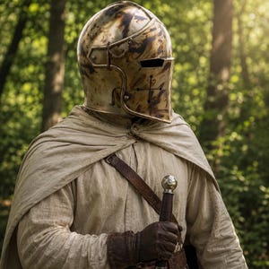 May include: A metallic helmet with a weathered brass finish and a cross-shaped visor cutout, worn with a beige linen cloak over a matching tunic. A brown leather belt with a diagonal strap holds a sword with a silver pommel and dark leather grip.