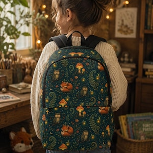 May include: A dark teal backpack featuring a repeating pattern of orange foxes, brown owls, red mushrooms, and green ferns. The backpack has black straps, a main zippered compartment, and a smaller front zippered pocket with a woodland theme.