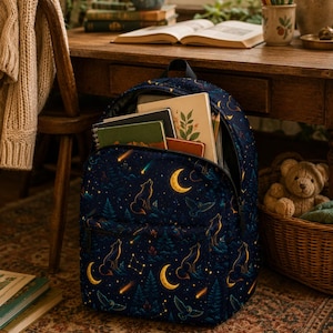 May include: A dark blue backpack featuring a repeating pattern of yellow crescent moons, howling wolves, owls, pine trees, and constellations. The backpack has a main zippered compartment containing several notebooks and is standing upright.