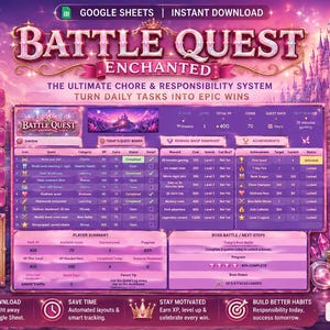 Kids Chore Chart | Battle Quest Enchanted | Google Sheets Reward System | Instant Download