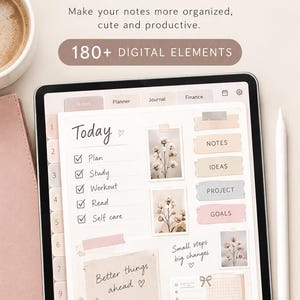 以下が含まれることがあります： タブレット画面に表示されたデジタルノート整理キット。デイリープランナーのインターフェース、チェックボックス、花のステッカー、ラベルが含まれています。画面にはToday、Plan、Study、Workout、Read、Self care、Better things aheadなどのテキストが表示されています。