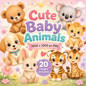 Cute Baby Animals PNG Clipart 20 Images - Kawaii Animal Set, Nursery Decor, Baby Shower, Stickers, Canva Graphics