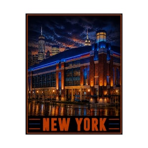 May include: A rectangular print featuring a night view of a brick building with illuminated windows and blue accent lighting, set against a dark sky with a city skyline in the background. The text NEW YORK is printed in orange at the bottom.