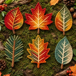 Könnte beinhalten: Eine Sammlung von sechs gehäkelten Blatt- und Nadelornamenten in verschiedenen Herbstfarben. Das Set enthält ein rot-orangenes Ahornblatt, ein grün-gelbes ovales Blatt, einen Kiefernnadelzweig sowie weitere Blattmotive mit sichtbaren Garnstichen.