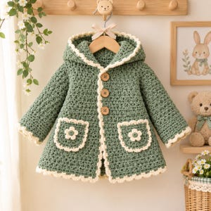 May include: A sage green crochet hooded coat featuring a cream-coloured scalloped trim along the edges, three round wooden buttons down the front, and two square pockets each decorated with a small cream-coloured crochet flower applique.