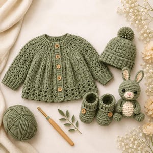 May include: A sage green crocheted baby set including a long-sleeve cardigan with five wooden buttons, a matching beanie with a pom-pom, a pair of booties with wooden buttons, and a stuffed rabbit toy, accompanied by a ball of yarn and a crochet hook.