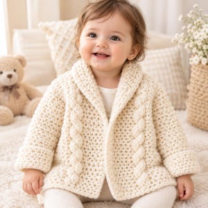 May include: A cream-colored, long-sleeved, open-front cardigan featuring a textured knit pattern and prominent vertical cable knit detailing along the front edges. The garment has a wide shawl collar and cuffed sleeves, crafted in a soft yarn.