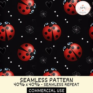 Puede incluir: Un patrón digital sin costuras con mariquitas rojas con puntos negros y ojos azules sobre un fondo negro. El diseño incluye contornos blancos de corazones y tréboles de cuatro hojas, junto con pequeños puntos blancos. Texto: SEAMLESS PATTERN 4096 x 4096 - SEAMLESS REPEAT COMMERCIAL USE.