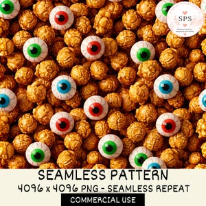May include: A seamless digital pattern featuring golden brown caramel popcorn kernels interspersed with realistic round eyeballs in various colors including green, red, and blue. The image includes a circular logo in the top right corner with the text SPS Surface Pattern Supply and text at the bottom reading SEAMLESS PATTERN 4096 x 4096 PNG - SEAMLESS REPEAT COMMERCIAL USE.