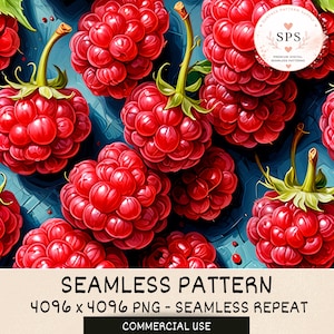 May include: A seamless digital pattern featuring vibrant red raspberries with green stems against a dark blue textured background. A circular logo in the top right corner reads SPS Surface Pattern Supply. Text at the bottom reads SEAMLESS PATTERN 4096 x 4096 PNG - SEAMLESS REPEAT COMMERCIAL USE.