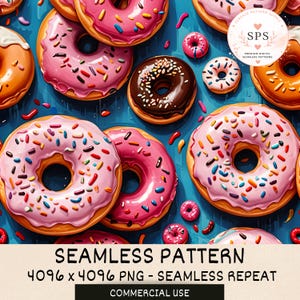 May include: A seamless pattern featuring various doughnuts with pink and chocolate icing, topped with colourful sprinkles on a blue background. The image includes a circular logo with the text SPS Surface Pattern Supply Premium Digital Seamless Patterns.