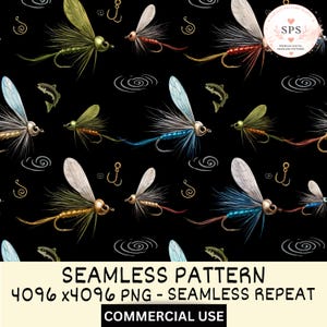 Fly Fishing Lures Seamless Pattern PNG | Realistic Fishing Flies Digital Download | Angler Fabric | Commercial Use License Included
