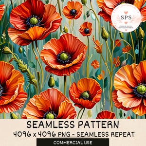 May include: A seamless digital pattern featuring vibrant red and orange poppy flowers with green centres and stems against a soft teal background. A circular logo in the top right corner reads SPS Surface Pattern Supply. Text at the bottom reads SEAMLESS PATTERN 4096 x 4096 PNG - SEAMLESS REPEAT COMMERCIAL USE.