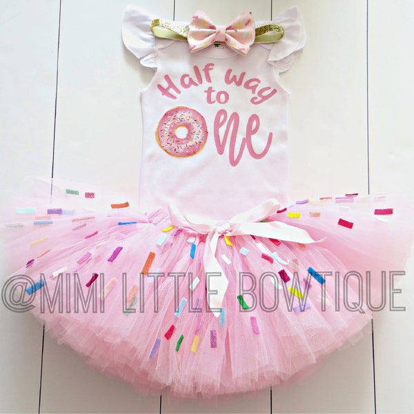 Donut half Birthday outfit- girl half birthday tutu set- Girl 6 months outfit -Girls sprinkle birthday- Girls Donut half way to one birthday