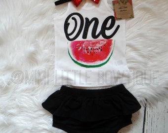 1 st Birthday Outfit Baby Girl Clothing-Summer tank top Watermelon First birthday White Tank top with Watermelon Striped Bloomers set
