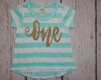 Sale- first Birthday girl shirt- Mint and gold Baby 1st birthday shirt