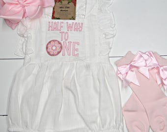 Embroidered Halfway to ONE Sprinkle Donut Romper, smash cake girl outfit, 6 months girl outfit