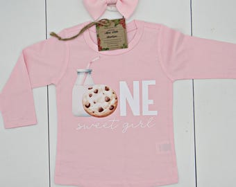 ONE Sweet Girl – Cookies and Milk Pink First Birthday Shirt