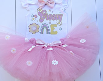 Groovy One Birthday Tutu Set, Mauve Pink Daisy Dress, Baby Girl Photoshoot Outfit