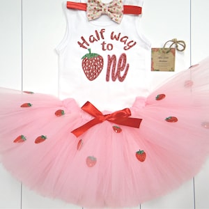 Strawberry 1/2 Birthday girl Outfit, halfway to one  strawberry tutu, sparkle Headband