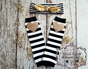 Gold heart baby leg warmers and Top knot set - Black and white white leg warmer, baby leg warmers- Sparkle leg warmers