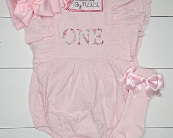 Personalized Embroidered Pink Swiss Dot Floral First Birthday Girl Bubble, ONE floral Custom Birthday baby romper