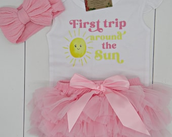 First Trip Around the Sun 1st Birthday Outfit for girl, Sunshine themed party