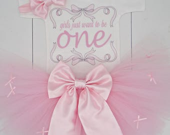 Girls Just want to be ONE Birthday Tutu Outfit, Pink Satin Bow Headband, Coquette Style