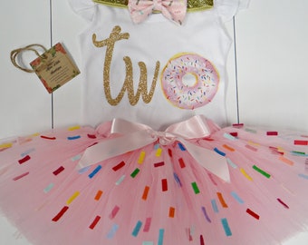 Two Sweet Donut Birthday Outfit: Girl's Second Birthday, Pink Tutu, Headband
