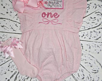 Embroidered Pink Swiss Dot First Birthday Girl Bubble, Coquette bow 1st birthday romper, trendy bow outfit