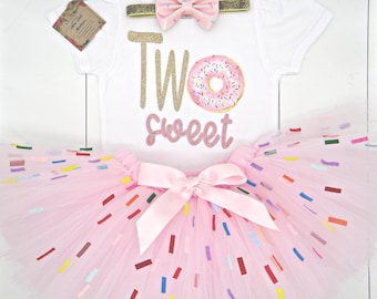 Donut Birthday Outfit – Girls Sprinkle Tutu, Pink Tulle Skirt, TWO SWEET birthday tee