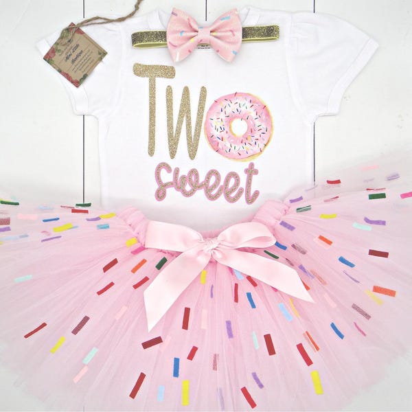 Donut Birthday Outfit – Girls Sprinkle Tutu, Pink Tulle Skirt, TWO SWEET birthday tee