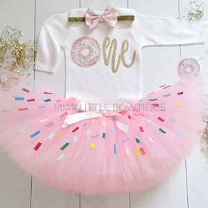 Donut First Birthday Outfit – Long Sleeve girl Bodysuit, sprinkle tutu, girl Headband