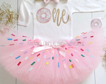 Donut First Birthday Outfit – Long Sleeve girl Bodysuit, sprinkle tutu, girl Headband