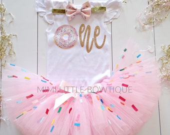 Donut 1st Birthday girl tutu outfit, Donut birthday, Donut pink tutu, flutter sleeve bodysuit, first birthday girl gift