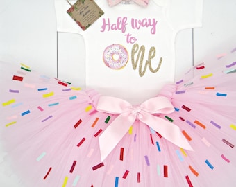 Half way to one Birthday Donut Outfit – Pink Tutu donut girl tutu, 1/2 birthday