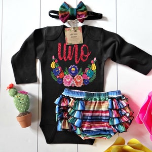 Uno  Sarape Birthday girl outfit-  Fiesta Birthday girl outfit - 1st birthday girl-  Uno fiesta  black birthday shirt