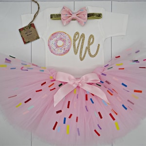 Donut first Birthday outfit, girl 1st birthday tutu dress- First birthday cake smash outfit, sprinkle pink donut tutu-Donut grow up shirt