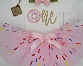 Donut First Birthday Outfit, Pink Sprinkle Tutu Dress, smash cake girl outfit, baby gift