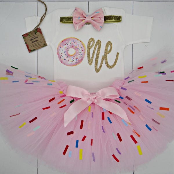 Donut First Birthday Outfit, Pink Sprinkle Tutu Dress, smash cake girl outfit, baby gift