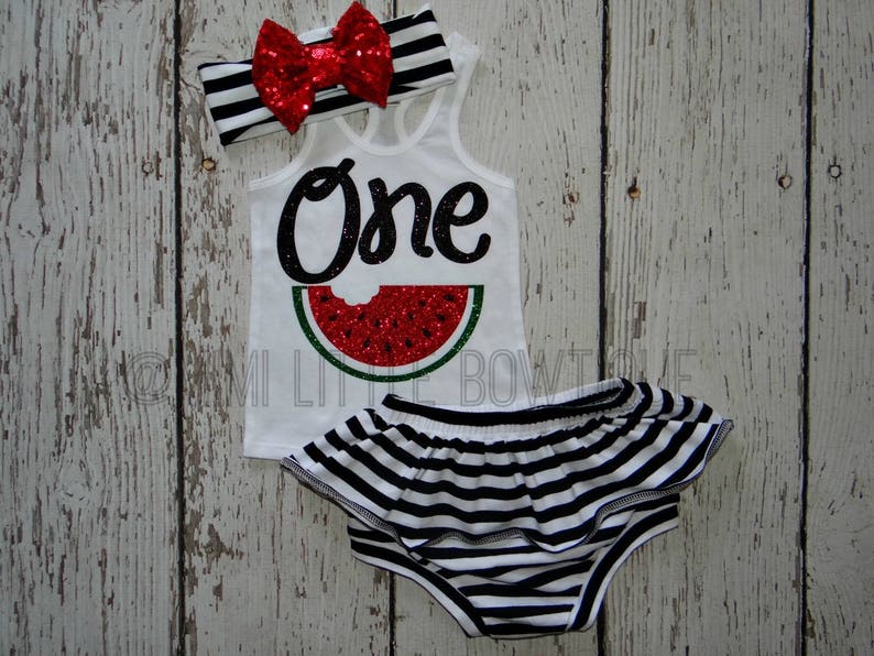1 st Birthday Outfit Baby Girl Clothing-Summer tank top Watermelon First birthday White Tank top with Watermelon Striped Bloomers set