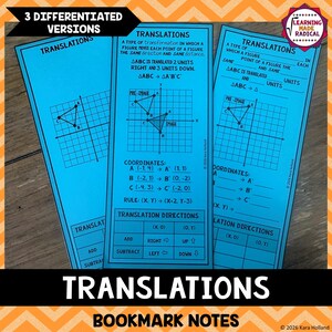 May include: Three bright blue educational bookmarks featuring geometry lessons on translations. Each bookmark displays a coordinate plane with a triangle, coordinate points, and fill-in-the-blank sections for math practice, labeled with the text Translations.