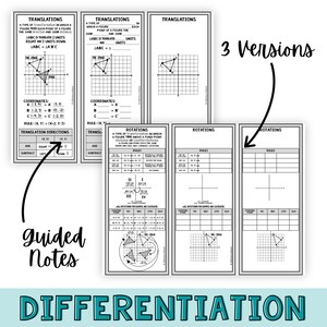 Peut inclure: Un ensemble de fiches p&eacute;dagogiques de math&eacute;matiques proposant des notes guid&eacute;es sur les translations et rotations g&eacute;om&eacute;triques. Les pages incluent des grilles de coordonn&eacute;es, des r&egrave;gles de transformation et des sections &agrave; compl&eacute;ter pour les &eacute;l&egrave;ves.