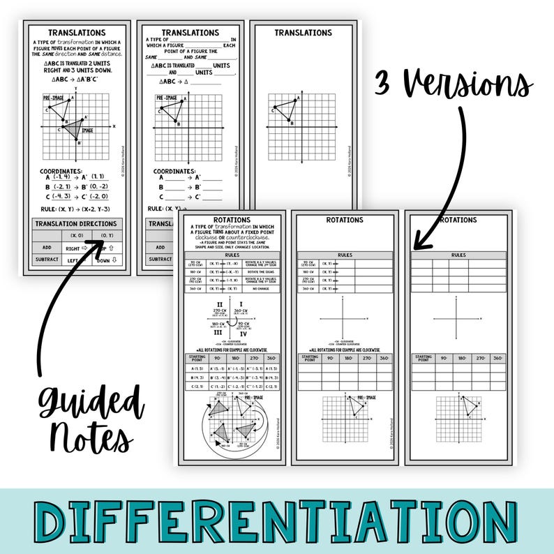 Peut inclure: Un ensemble de fiches p&eacute;dagogiques de math&eacute;matiques proposant des notes guid&eacute;es sur les translations et rotations g&eacute;om&eacute;triques. Les pages incluent des grilles de coordonn&eacute;es, des r&egrave;gles de transformation et des sections &agrave; compl&eacute;ter pour les &eacute;l&egrave;ves.