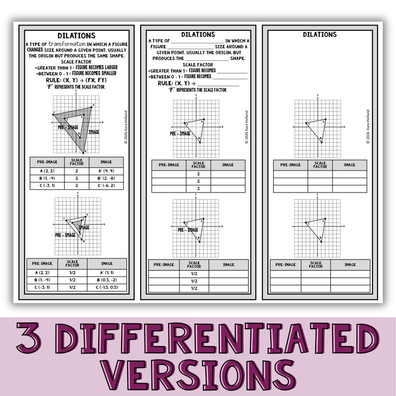 K&ouml;nnte beinhalten: Ein dreiteiliges Arbeitsblatt mit dem Titel DILATIONS, das mathematische Definitionen, Koordinatensysteme mit Dreieckstransformationen sowie Datentabellen zur Berechnung von Vorbild- und Bildkoordinaten mit Skalierungsfaktoren enth&auml;lt.
