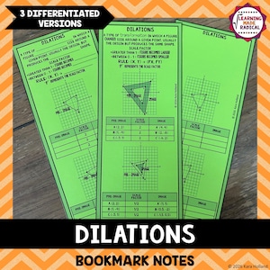 K&ouml;nnte beinhalten: Drei hellgr&uuml;ne, rechteckige Lesezeichen mit mathematischen Notizen zum Thema Dilatationen. Jedes Lesezeichen enth&auml;lt Definitionen, Koordinatensysteme mit Dreiecken sowie Tabellen mit Skalierungsfaktoren und Koordinatenberechnungen.